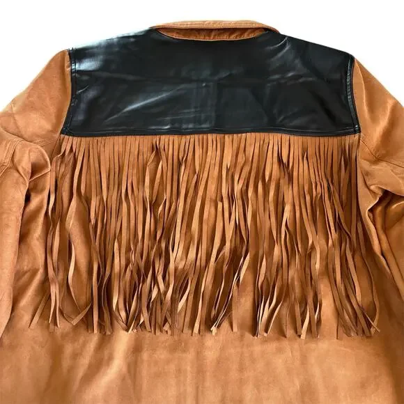 WeWoreWhat Fringe Western Faux Suede Jacket Acorn Brown and Black Medium NWT - Picture 9 of 10